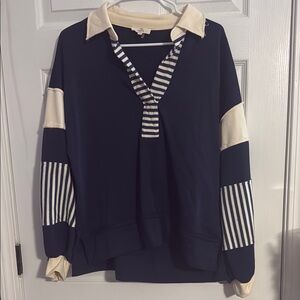 Navy and Cream Striped Collared Sweater